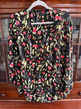 Tahari Black Floral Blouse with Red/Pink and Lime Accents